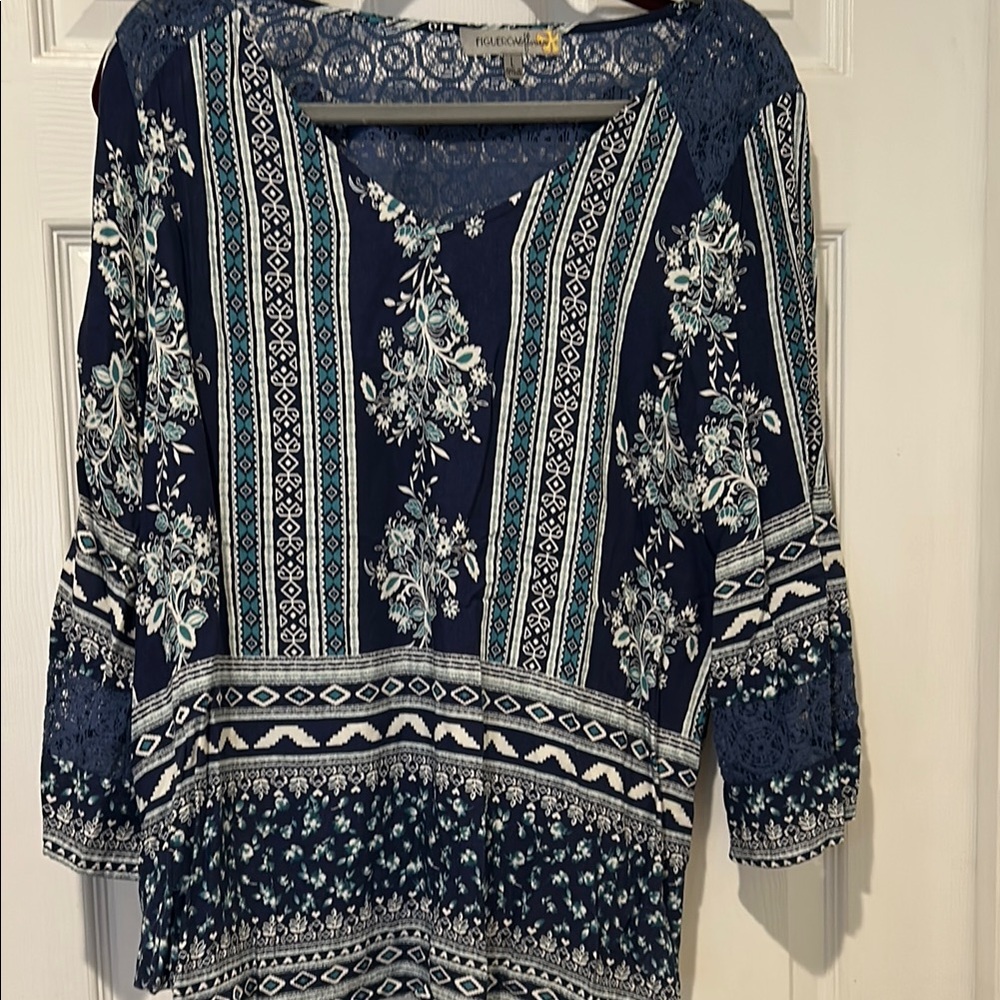 Navy Floral Lace Trim Top